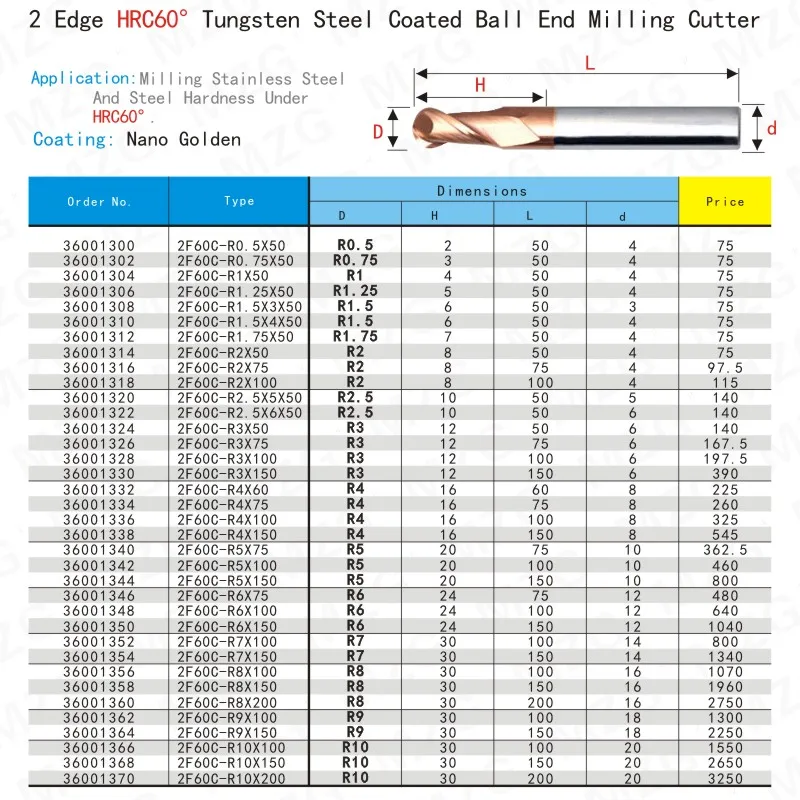 MZG 2 Флейта для резки HRC60 1 мм 2 мм 3 мм 4 мм 6 мм фрезерная обработка Вольфрамовая сталь Sprial фреза сферическая Концевая фреза