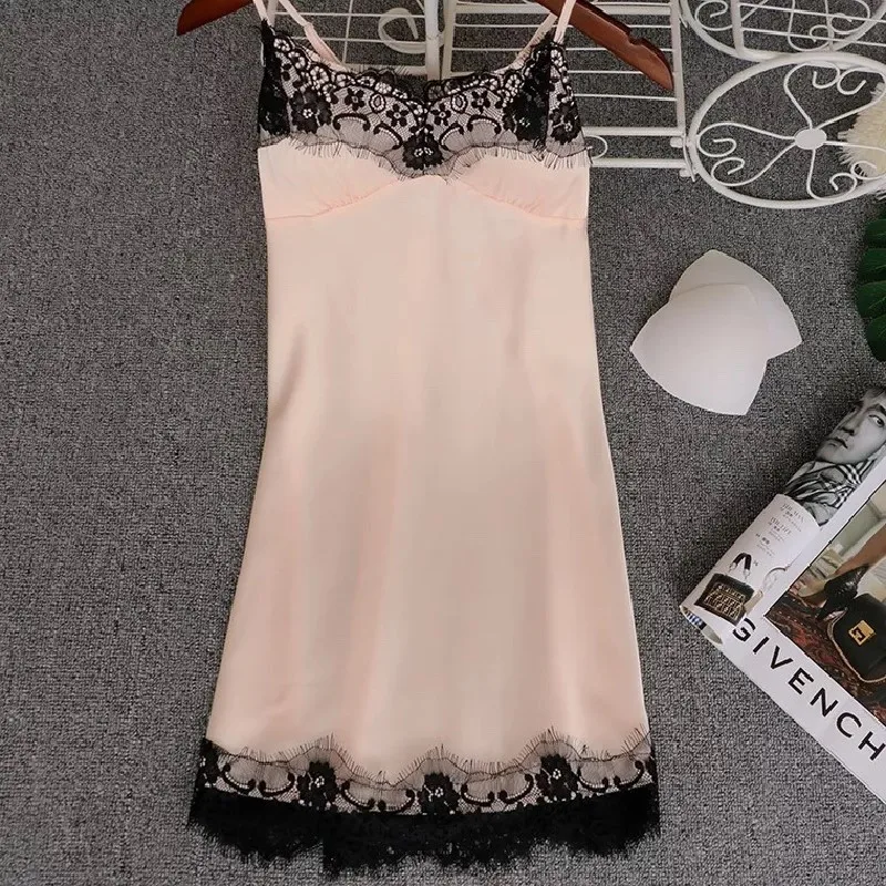 Lace Satin Nightdress Sexy Silk Sleepdress Sleepwear With Bra Pad Black  Homewear