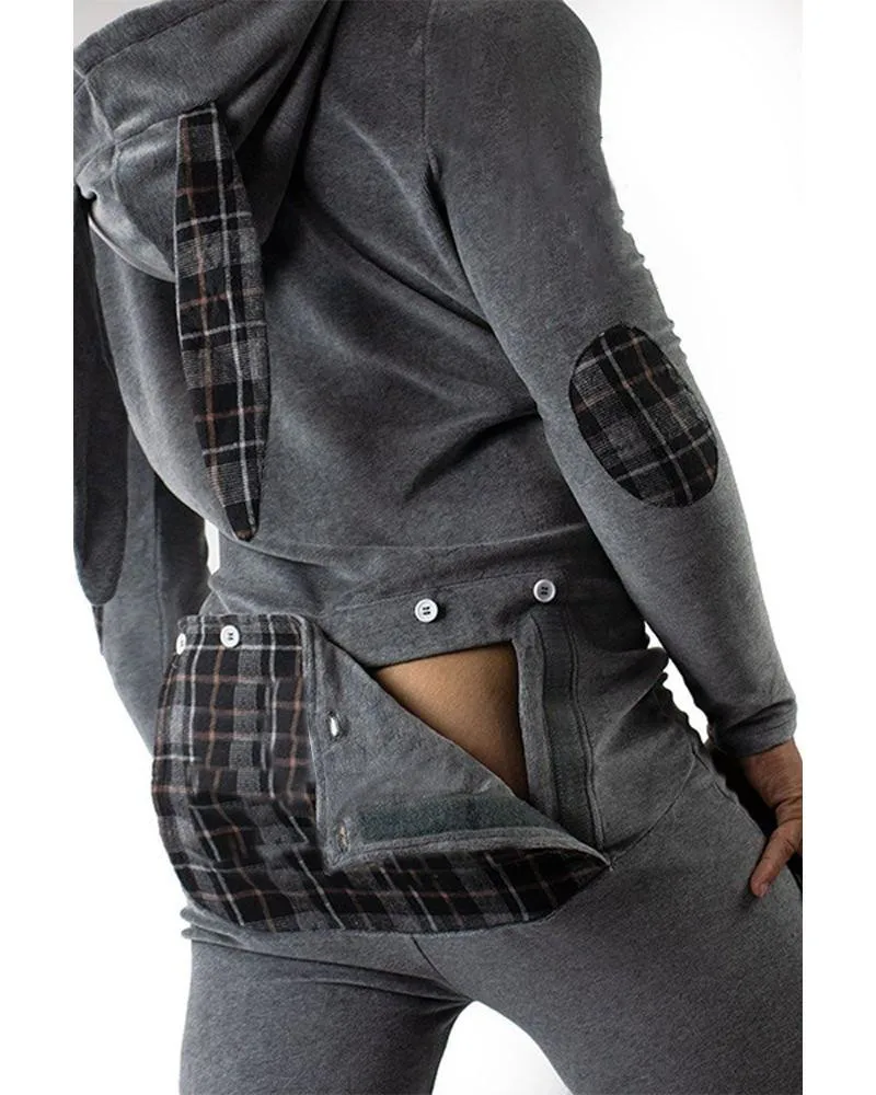 

Casual Men Bodysuit, Long Sleeve Rabbit Ears Hooded Button Collar Long Trousers Openable Hip for Autumn