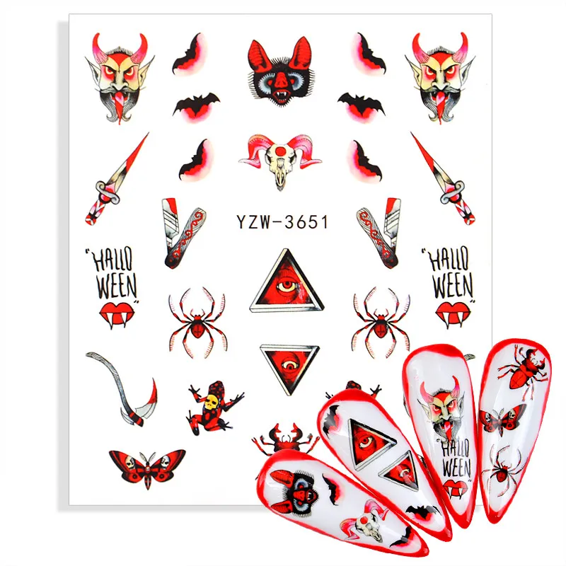 1pc Halloween Water Transfer Nail Art Stickers Decals Nails Decorations Manicure Tools Pumpkin Skull Eyes Devil Wizard Design - купить по