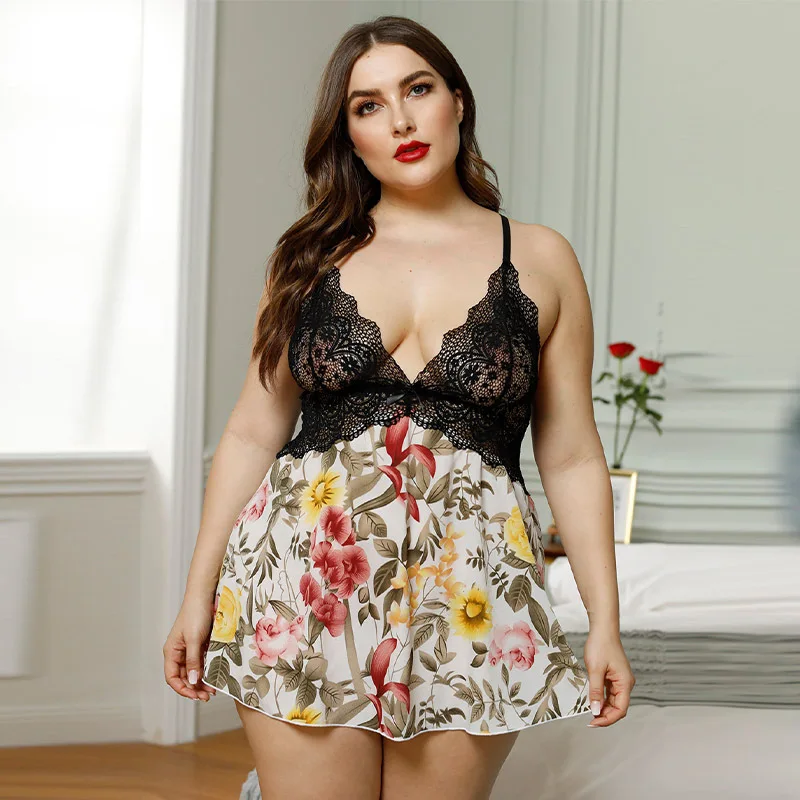 

European and American large size sleeping dress deep V-neck lace stitching fat women large size sexy underwear 200 kg sexy