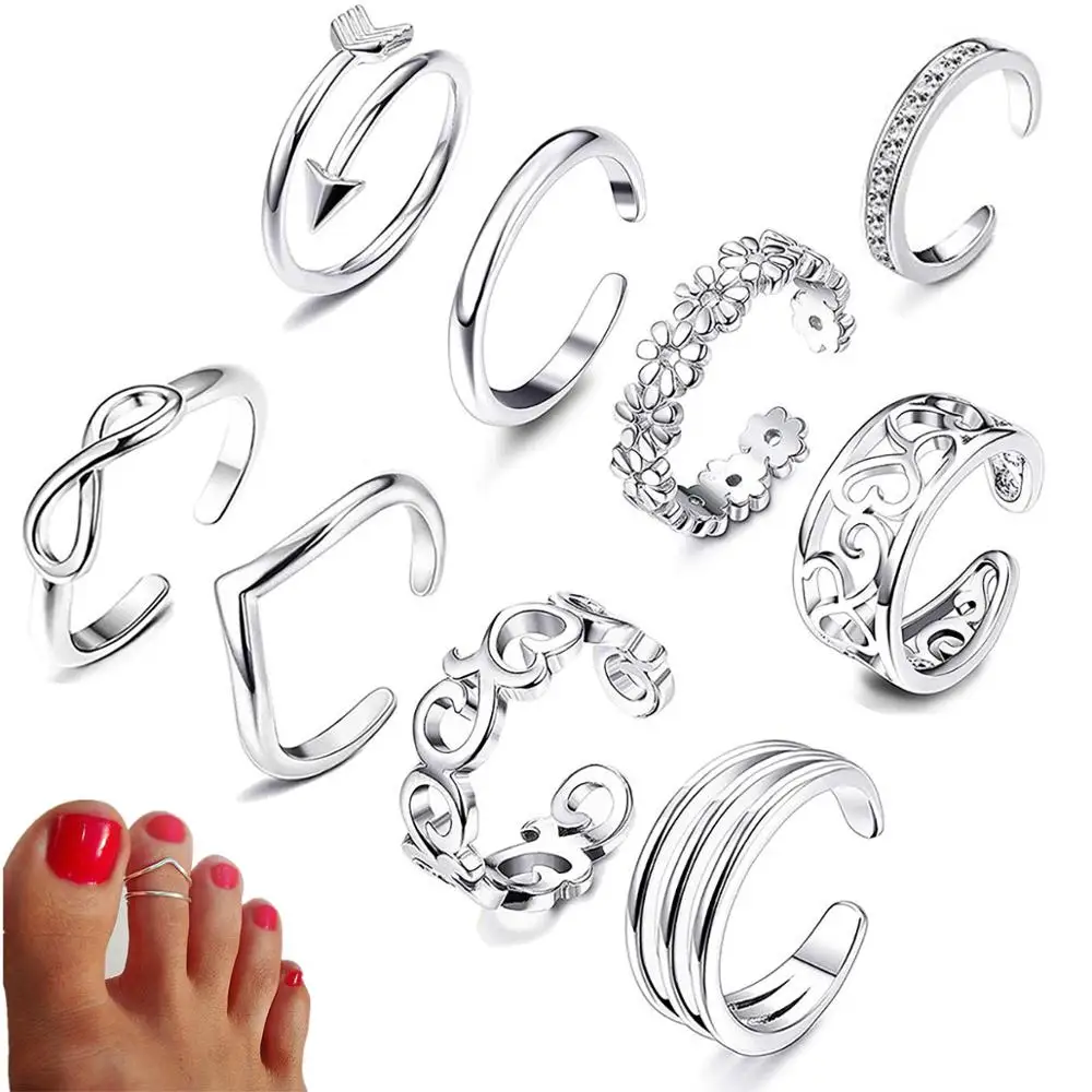 

9PCS Summer Beach Vacation Knuckle Foot Ring Open Toe Rings Set for Women Girls Finger Heart Ring Adjustable Jewellery Wholesale