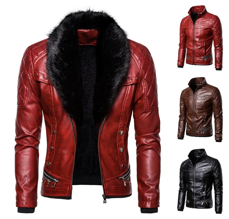 

Winter Men's Biker Leather Jacket Punk Heavy Metal Rock Rivet Detachable Fur Collar Detachable Faux Leather Motocycl PU Coat