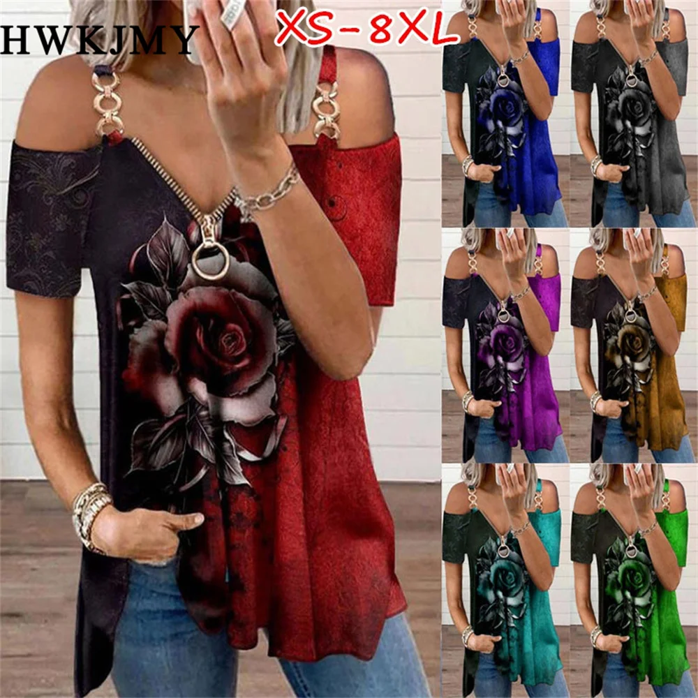 Women Summer V-neck Zipper Shirt Rose Print Chain Strap Off Shoulder Blouse Woman Clothing Short Sleeve Streetwear Tops