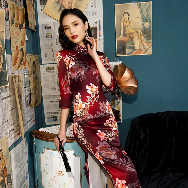 Sheng Coco S-4XL Drak красные платья Чонсам длинное китайское платье-Ципао с рукавами длинное вечернее платье с разрезом из шелка Chipao Розовая Одежда