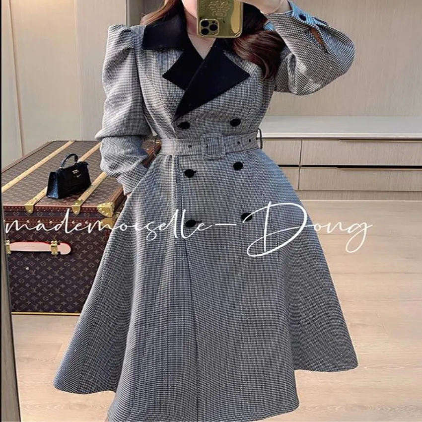 French style autumn vintage Houndstooth trench coat women double breasted a-line slim Windbreaker outwear