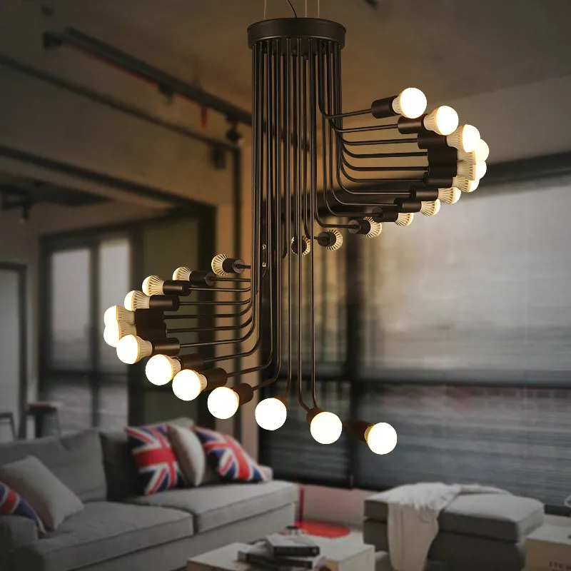 安い 北欧ブラックメタルスパイラルled E27シャンデリア階段ledハングシャンデリア照明玄関20/26ライトledサスペンションランプ器具