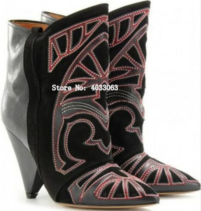 Botas Mujer/женские ботильоны; коллекция года; лоскутный с вышивкой; ковбойские ботинки; женская обувь на шпильках; женские короткие туфли без застежки с острым носком