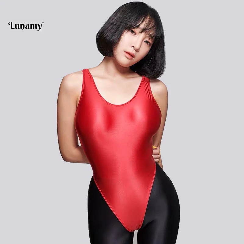 Lunamy,, сексуальные леотарды, ПУ, черный, глянцевый, боди, костюм с высокой посадкой, Цельный купальник, женский боди, блестящие купальники, купальник