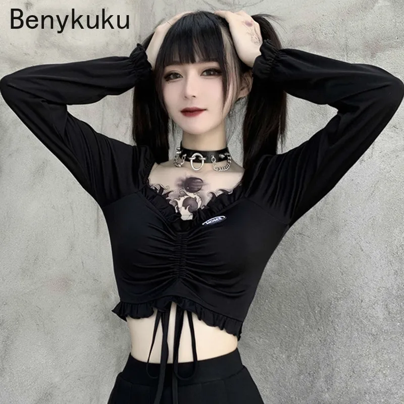 

Autumn Gothic Girls Bandage Bodycon Long Sleeve Crop Top Female Black V-neck Retro Punk Slim Tops Harajuku Streetwear Tee Tops