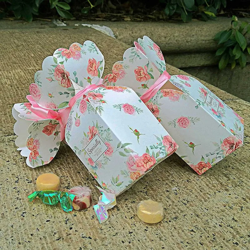 

50 Pcs Floral Pattern Candy Boxes Wedding Bridal Shower Baby Birthday Party Favor Gift Box with 50Pcs Light Pink Ribbon
