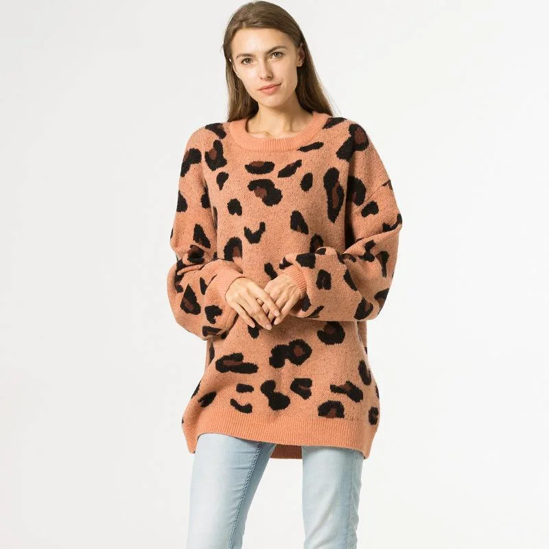 

Loose Leopard Print Large Pullover Crew Neck Sweater Female T-shirt Female