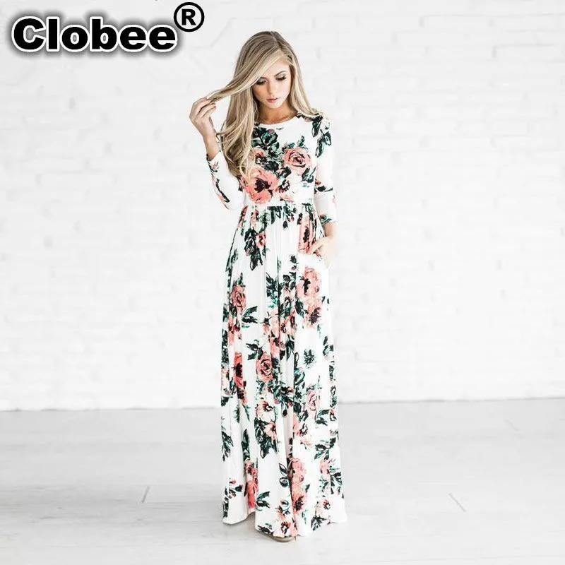 Сексуальные 2019 женские весенние Boho Одежда для девочек белый черный принт длинный