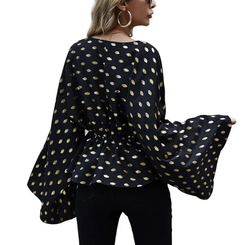 

New Women Ladies V Neck Trumpet Sleeve Casual Loose Blouse Shirts Pullover Tops