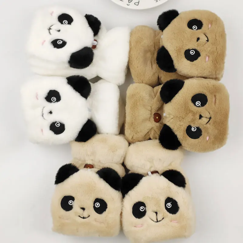 

Panda Cartoon Coffee Color Gloves Half-finger Flip Touch Screen Gloves Winter Plus Velvet Cute Women's Warm And Cold Gloves