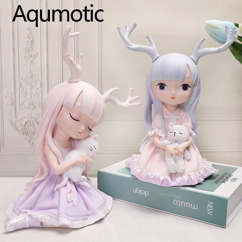 

Aqumotic Рог девочка кукла скульптура Смола Портрет статуя Личность Олень Рог простой стиль человек уникальные Фигурки игрушки для девочки