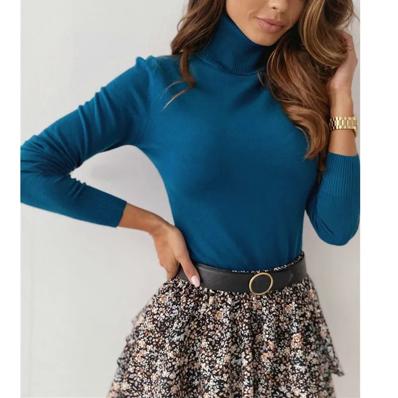 

Elegant Lady Solid Blouse Black White High Collar Long Sleeve Spring Autumn Slim All Match Pullovers Knitted Shirts Tops