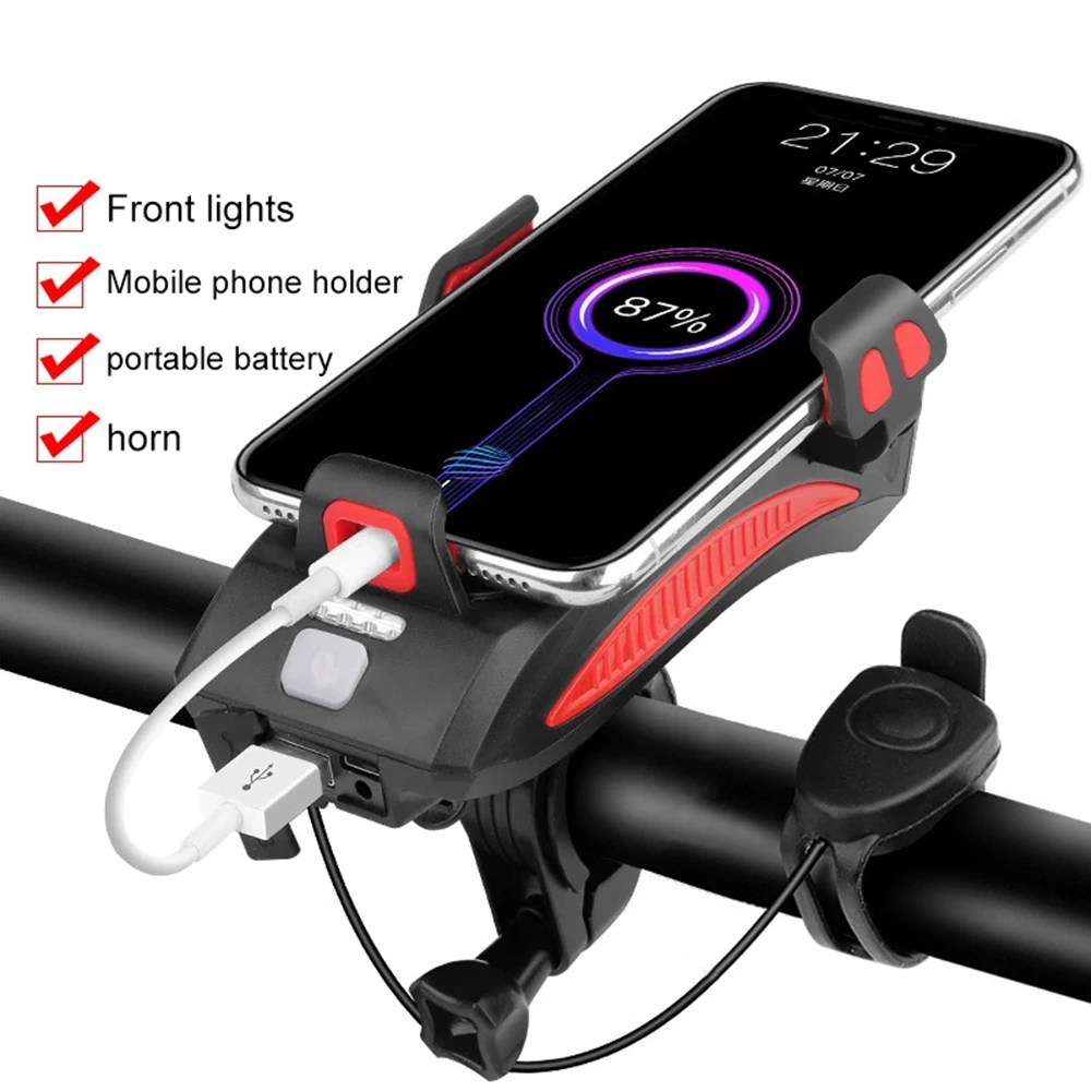 

4 In 1 Bike Front Light Bike Bell Horn 130 DB Power Bank Cycling Cellphone Holder Sport Outdoor Fuction Bike Light Accessories
