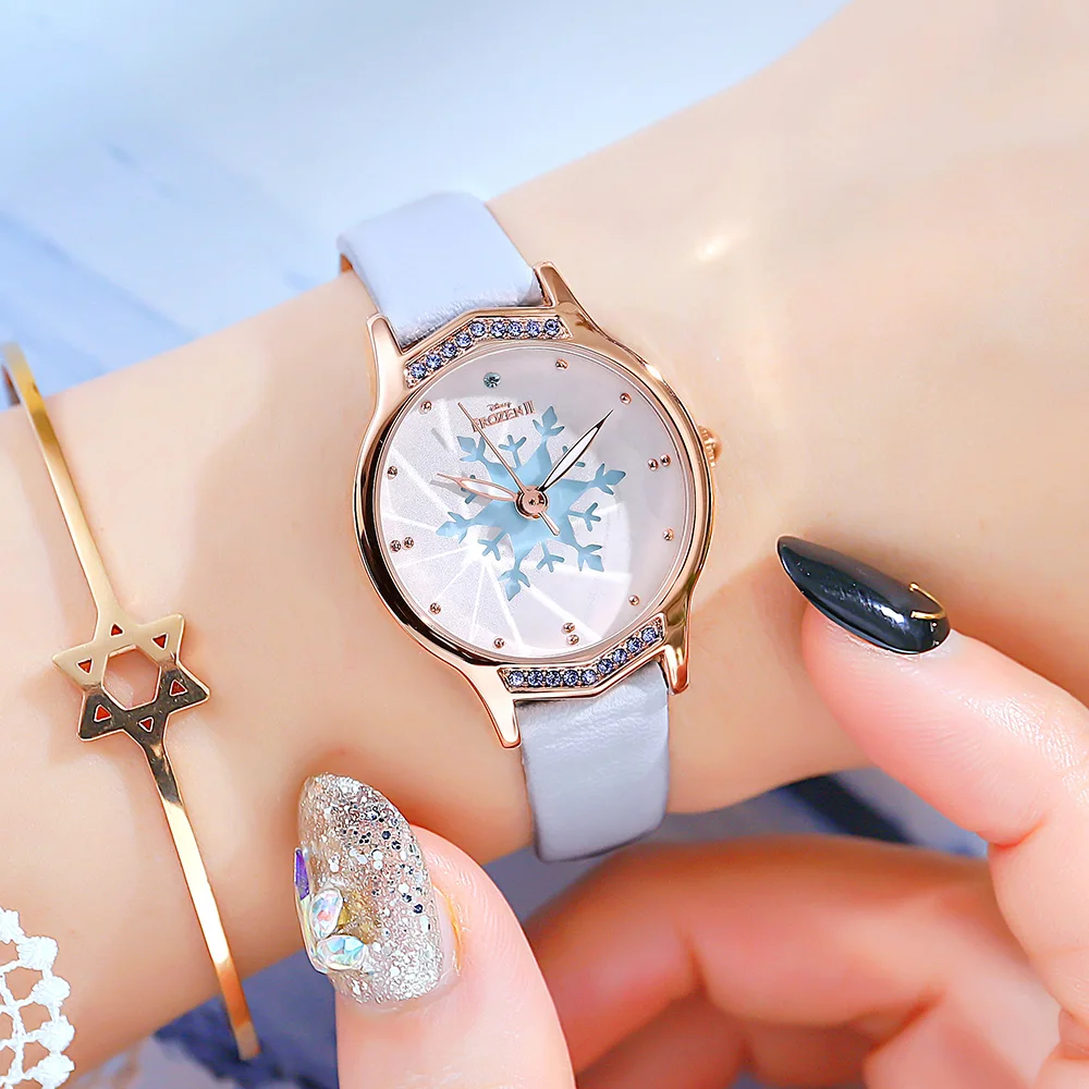 

Snowflake Frozen Princess Women Luxury Bling Rhinestone Diamond Cuties Girls Watches Children Leather Watch Ladies Clocks New