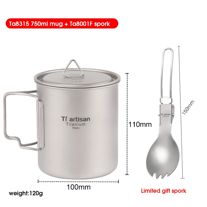 Tiartisan Titanium Cup 750ml Outdoor Camping Ultralight Coffee Mug Portable Picnic Cookware Pot with Lid Ta8315Ti outdoor titanium water mugs with folding handles titanium lids drinkware camping cups ultralight travel mug 220ml 900ml