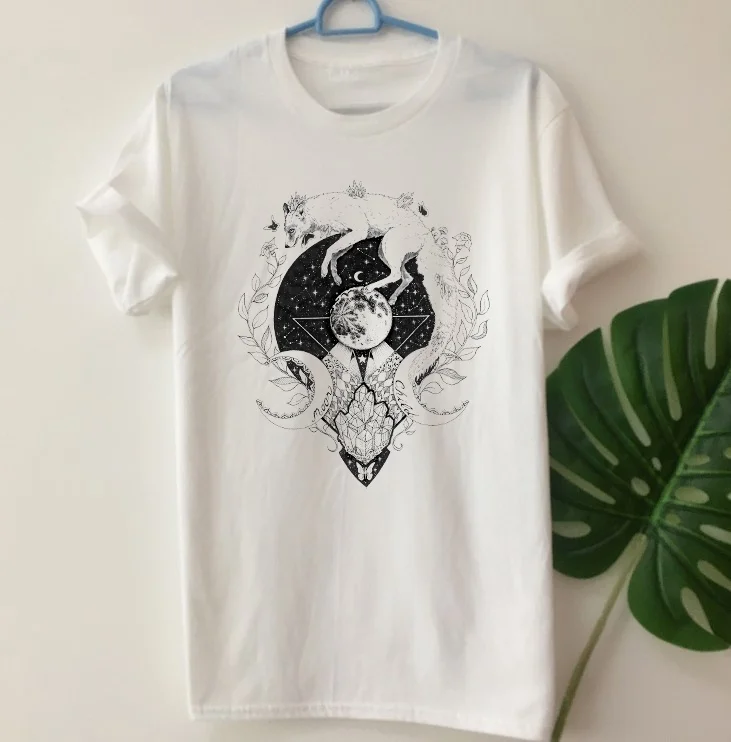 Fashionshow-JF Moon Child Fox Crystal Printed T Shirt Women Short Sleeve Cotton Sailor Fashion Street Style Outfits | Женская одежда