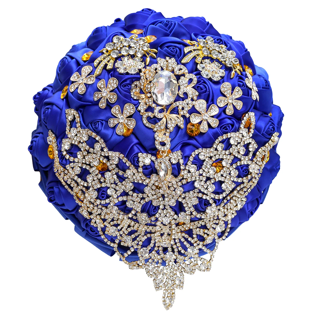 

Golden Rhinestone Brooch Wedding Bouquet for Bride Bridesmaid High Quality Ribbon Flowers Many Size and Colors W300G