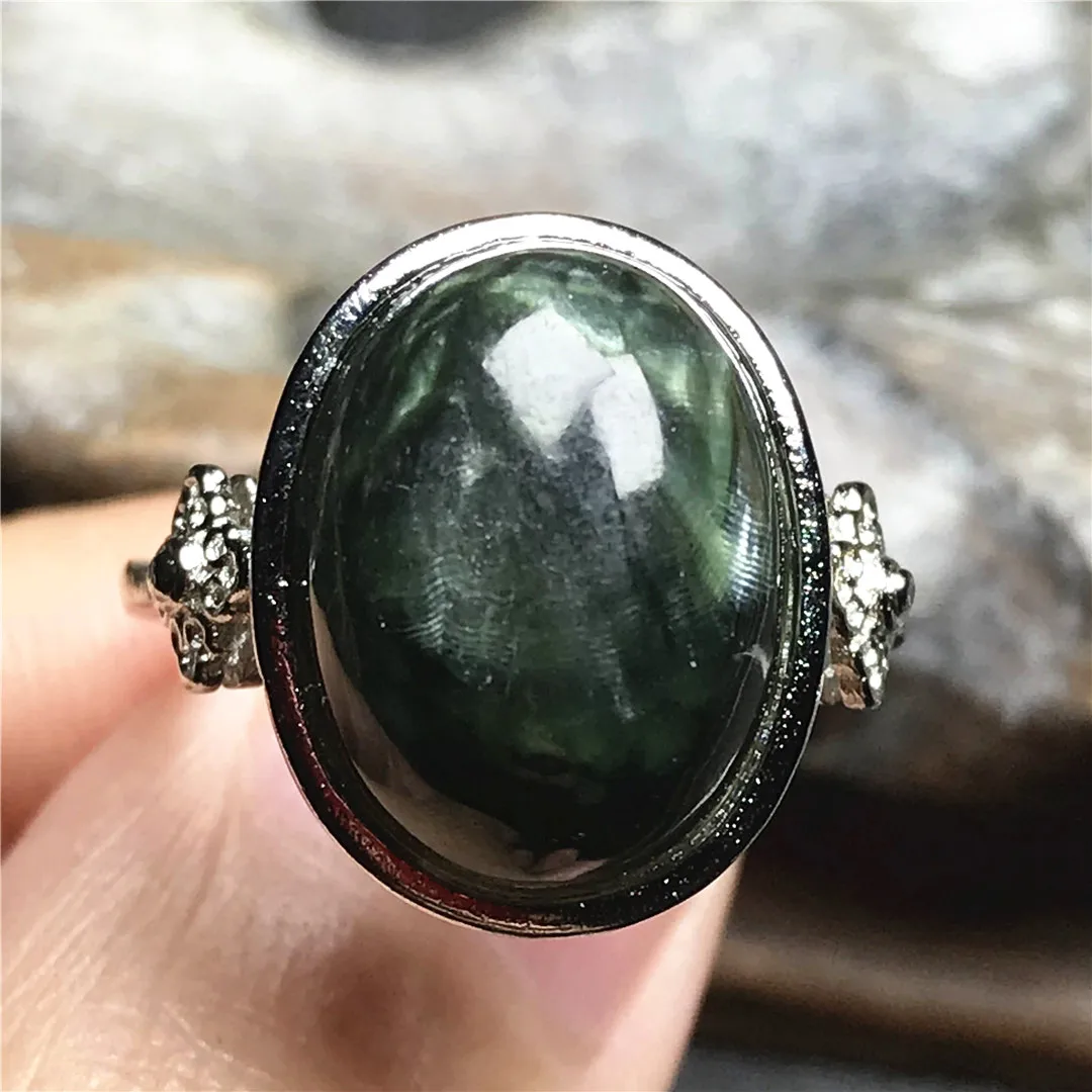 

Big Natural Green Seraphinite Crystal Ring Jewelry 17x14mm For Women Men Luck Healing Stone Beads Silver Adjustable Ring AAAAA