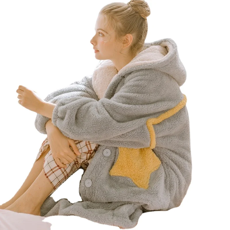 

Women Coral Fleece Kimono Bathrobe Gown Cute Hooded Robe Winter Warm Nightwear Thick Sleepwear Loose Home Clothes Nightgown