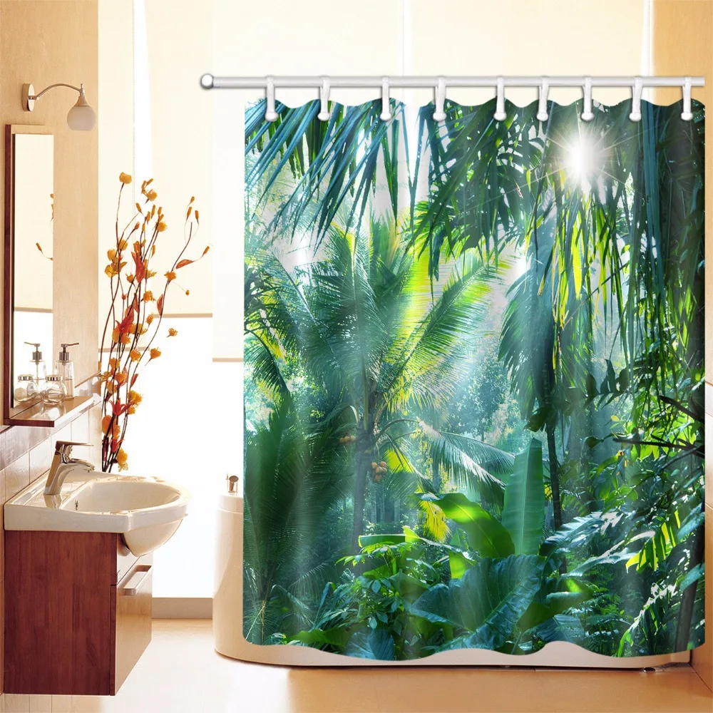 

Tropical Plant Shower Curtain Set Green Palm Leaf Banana Leaves Jungle Scenery Waterproof Fabric Bathroom Curtains Bathtub Decor