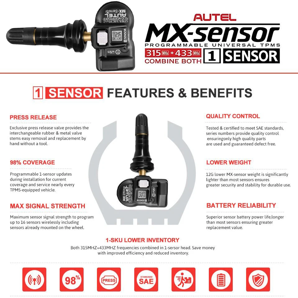 Autel MX Sensor 433MHZ + 315 MHZ 2in1Mx-Sensor TPMS инструмент для ремонта шин автомобильный аксессуар