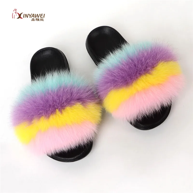 

Women fluffy fur flat slippers ladies indoor slides plush fur fox hair casual woman female shoes fashion big size summer 2020
