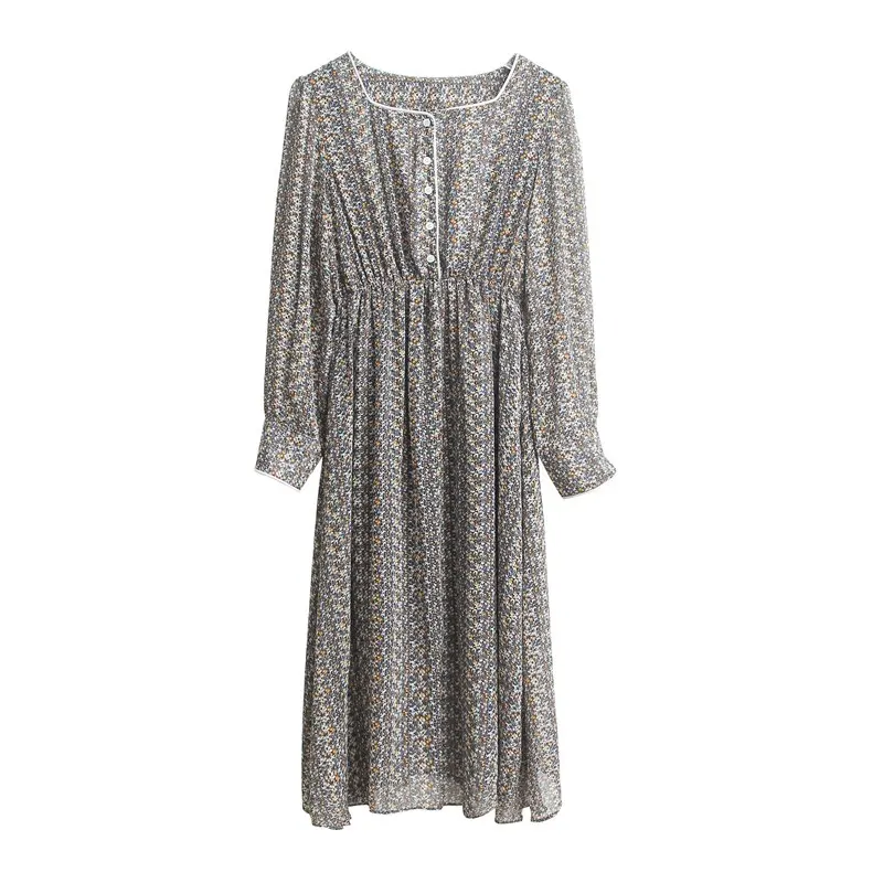 

Deivor 2020 new Japanese and South Korean square collar collar small broken flower Long Sleeve Chiffon Dress