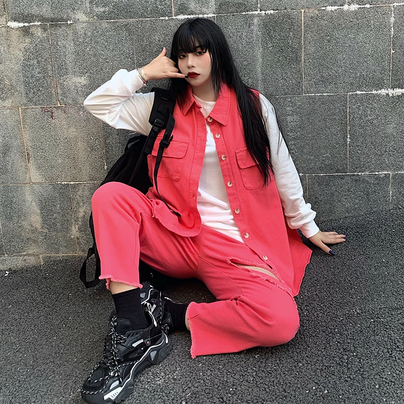 Женский джинсовый костюм спортивный из двух предметов топ и штаны свободного