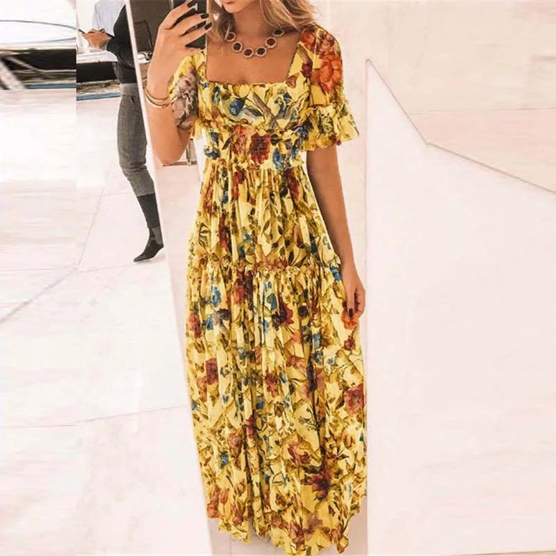 

2021 Boho Floral Print Ruffle Long Women Dress Summer Butterfly Short Sleeve Maxi Dress Spring Square Collar High Waist Dresses