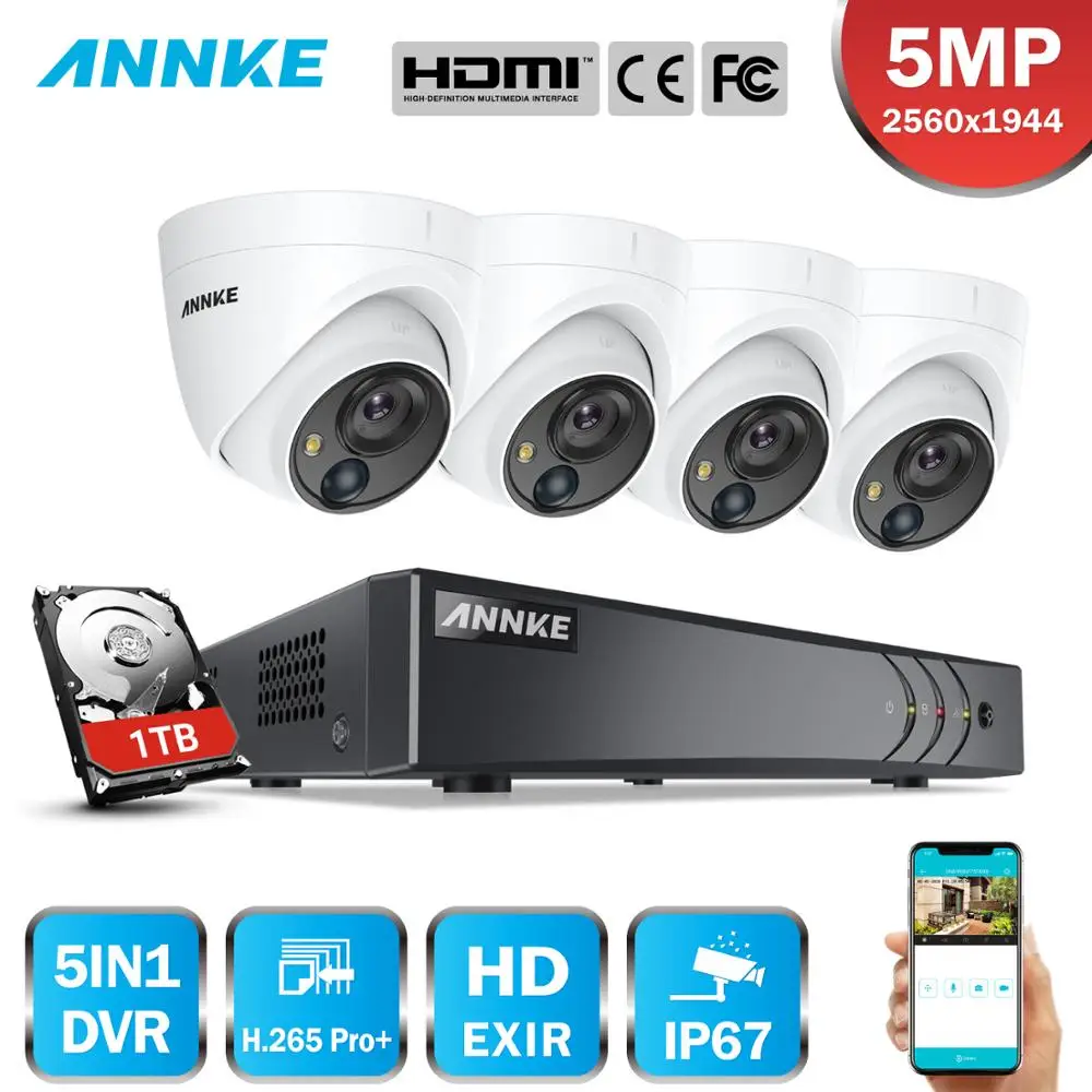 Камера видеонаблюдения ANNKE 8 каналов 5 МП Lite в 1 H.265 + DVR 4 шт. Мп PIR HD EXIR Dome IP67|Система