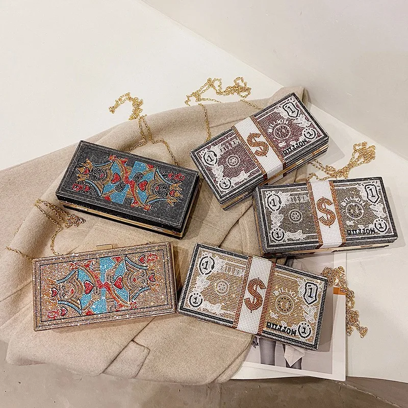 

2021 women bags Money Clutch Rhinestone Purse Dollars Stack of Cash Evening Handbags Shoulder Wedding Dinner Bag clutches