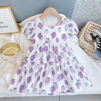 2022 summer new strawberry print short sleeve dress kids clothes baby girls square collar loose casual dresses kids clothes