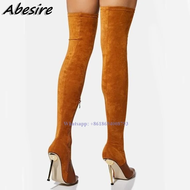 New Long Splicing Brown Boots Side Zipper Solid Stilettos High Heel Over The Knee Women Boots Pointed Toe Shoes botas de mujer