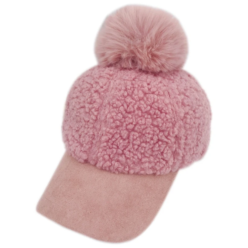 Women Winter Faux Fleece Baseball Peak Cap Fuzzy Warm Cute Pompom Visor Brim Hat 6XDA