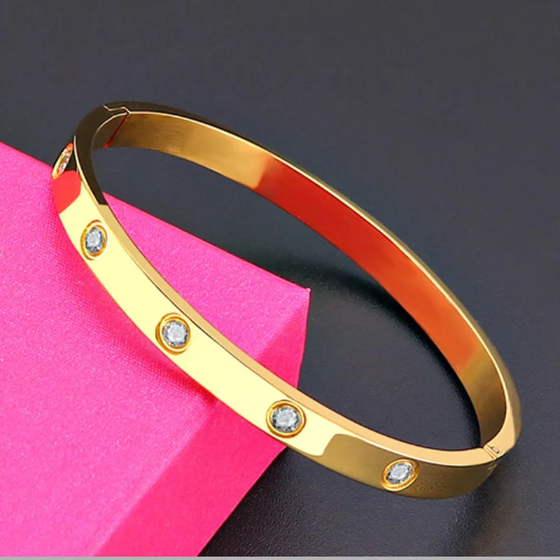 stainless steel brand cuff bracelet bangle zircon love luxury jewelry for women rose gold silver color hot female fashion gift free global shipping
