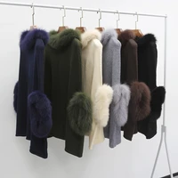 autumn women knitted poncho with real fox fur collar cuff fashion casual genuine wool warm pullover sweater jumper wholesale
