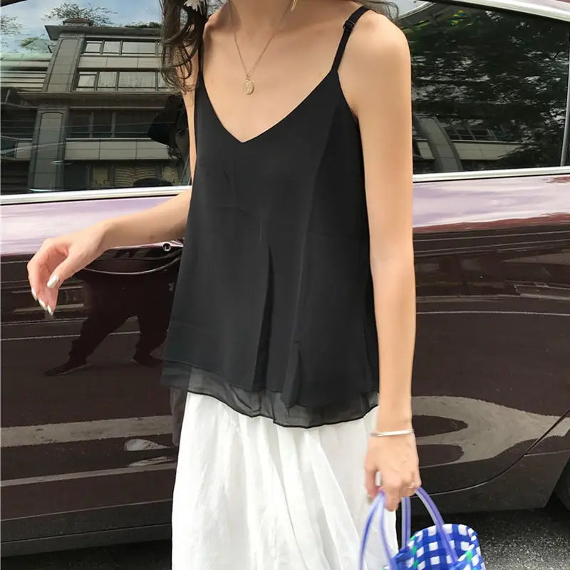 Fashion Women Chiffon Tank Top Summer New Sleeveless Blouses Double-Layered Non-perspective Loose Casual Female Camisoles