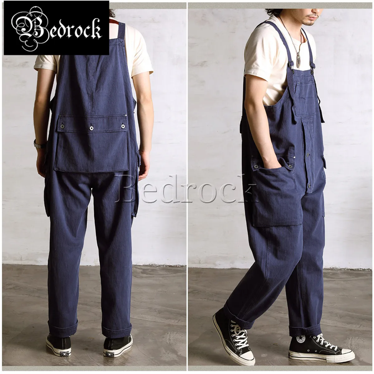 RT 9oz herringbone overalls for men vintage batik one washed denim baggy jeans blue big pocket suspenders loose military pants