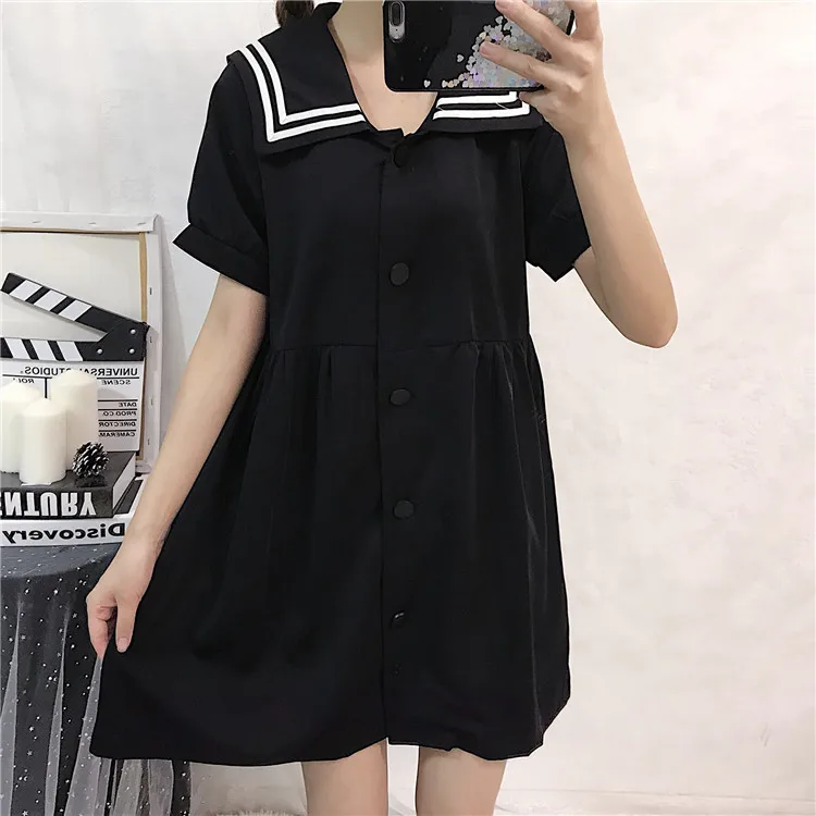 

Japanese Harajuku Women Navy Collar Black JK Dress Summer Short Sleeve Gothic Kawaii High Waist A-Line Dress Preppy Style