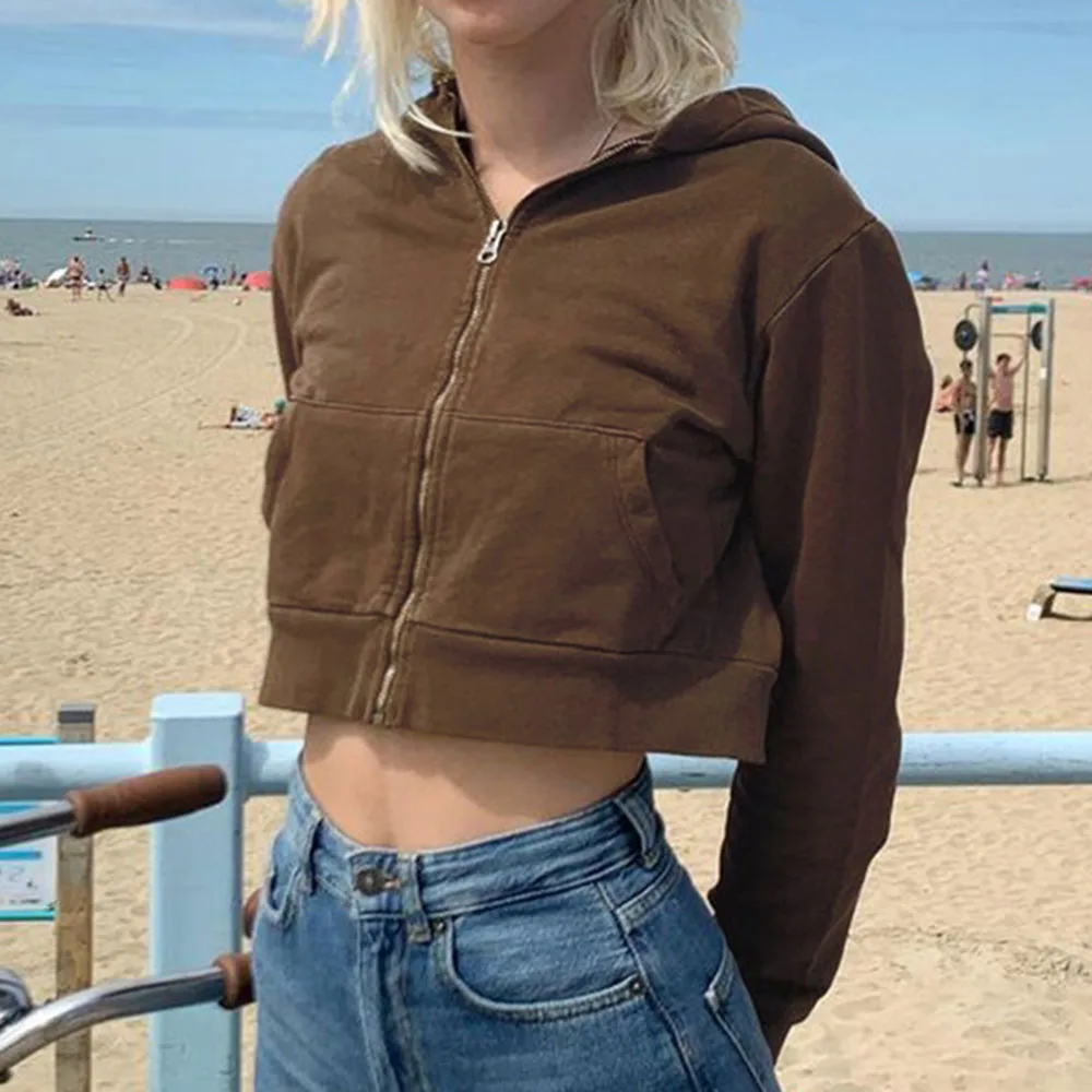 

Trendy Street Fashion Commuter Style Women's Solid Color Hooded Sleeves Short High Waist Waist Thin Design Sweatshirt Jacket