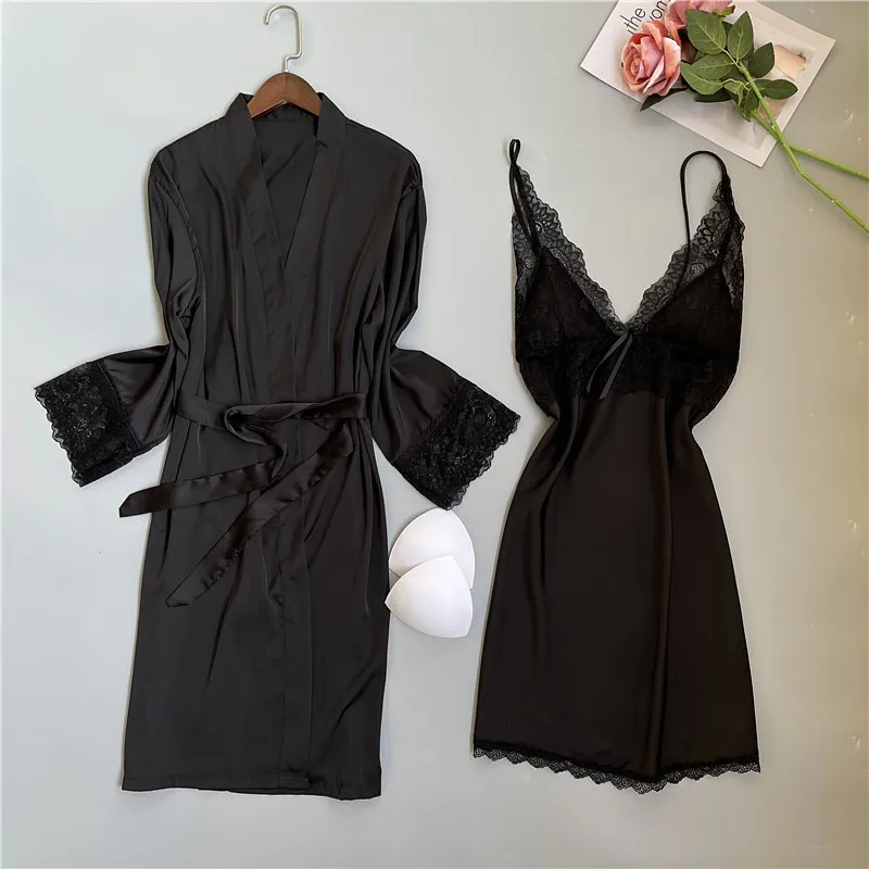 

Pink Kimono Gown Lady Sleepwear Wedding Robe Set Sexy Satin Lace Home Dressing Gown Sleep Set Spring Summer Nightwear Nightgown