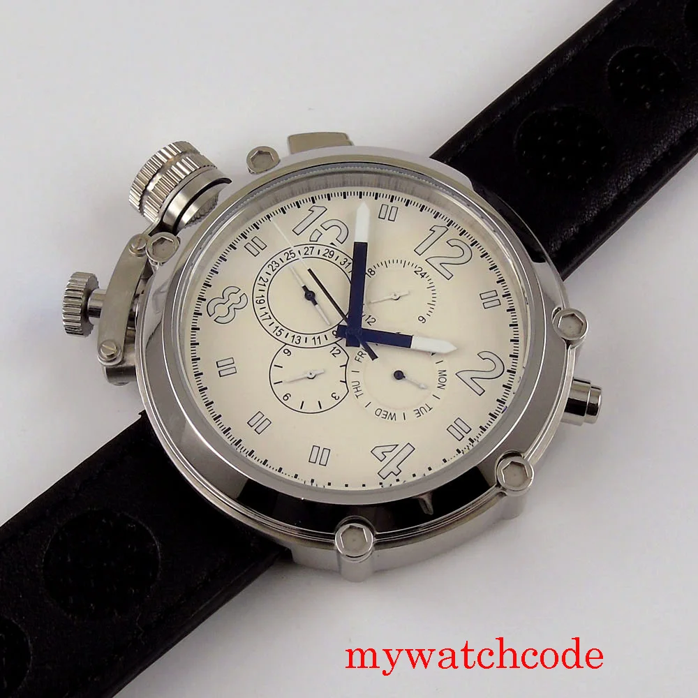 Parnis 50 мм механические Автоматические Мужские часы с большим кожаным ремешком и