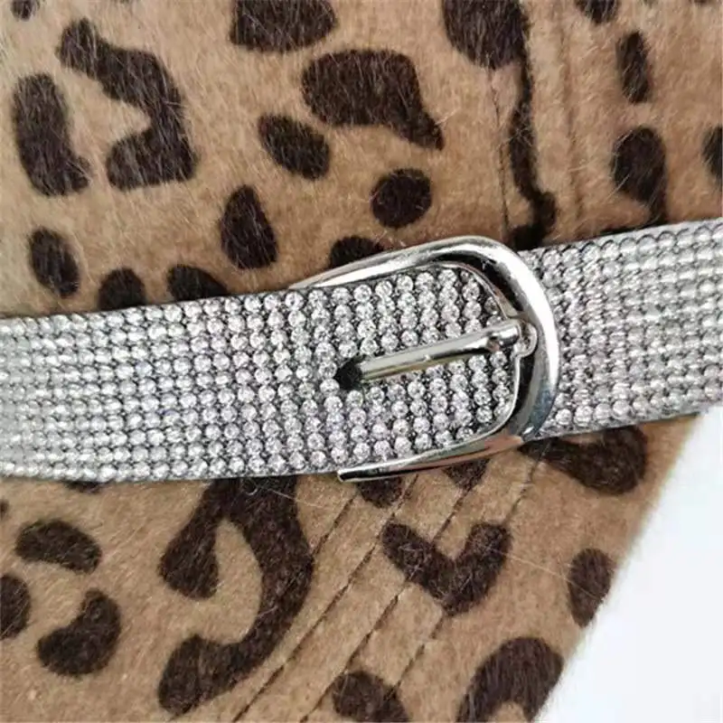 

2021 Rhinestone Belt Women Girl Snapback Cap Mink Hair Leopard Print Autumn Winter Baseball Hat Fashion Cool Street Hat