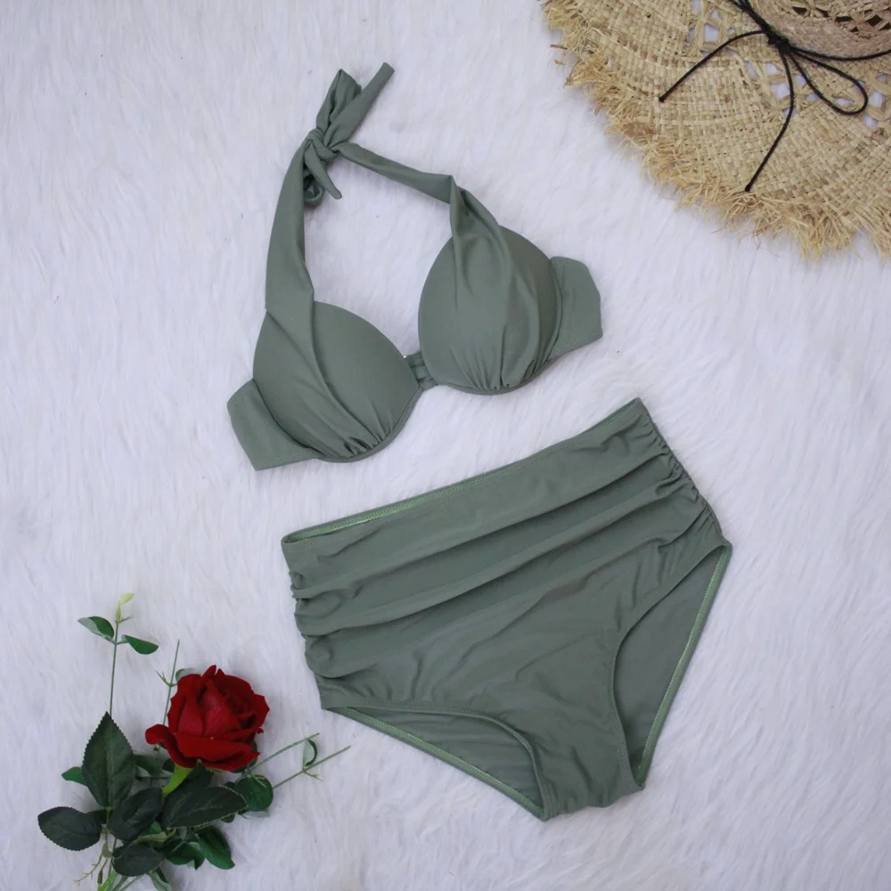Бикини 2020 пуш-ап два предмета черный купальник с лямкой на шее Ретро стиль
