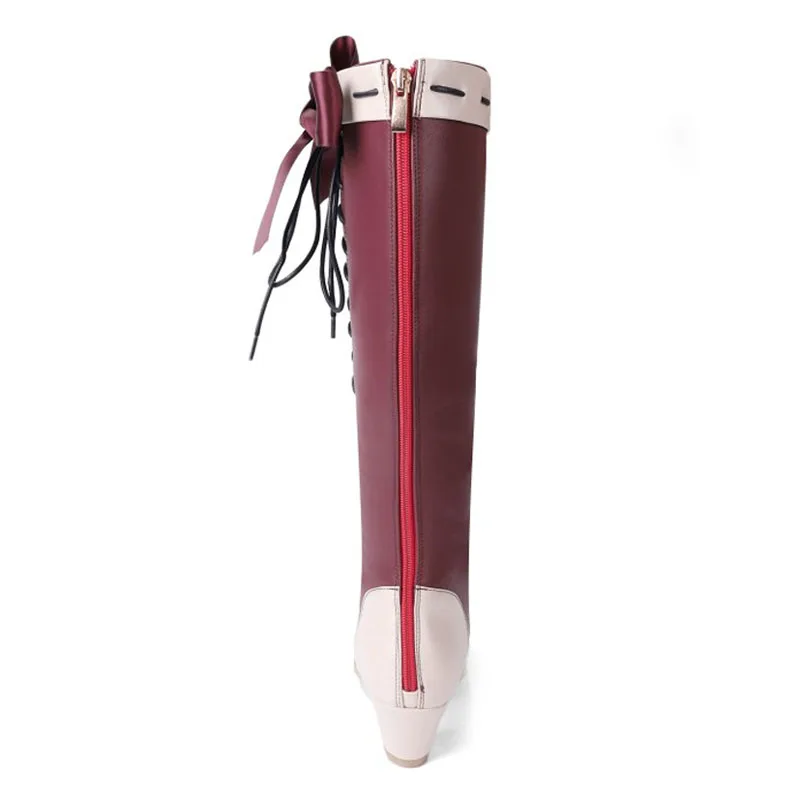 

Winter Women Fashion Long Knee High Boots Med Heels Fleeces Worm Inside Round Toe Rome Butterfly-knot Zip Lace-up Fashion Sweet